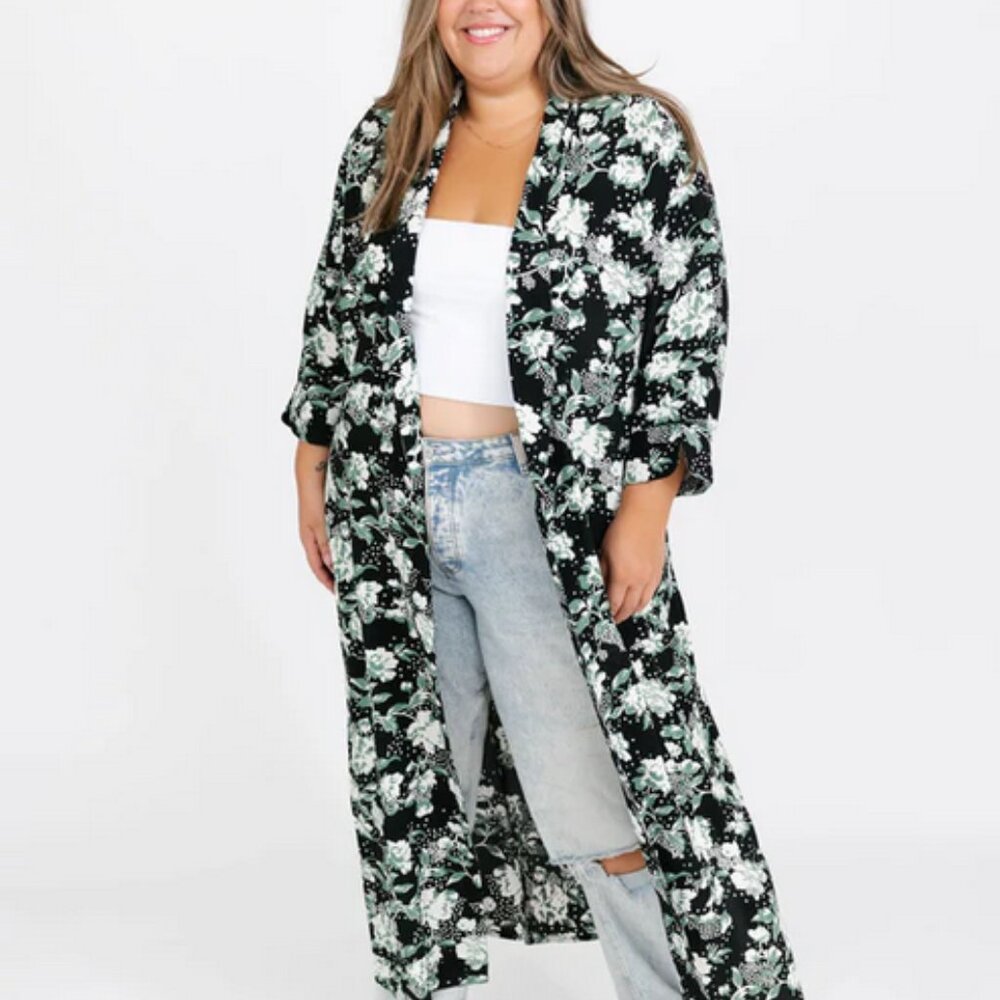 Smash + Tess  Duster Robe Floral Women's Medium Large Black Cream Green